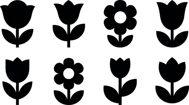 Flower silhouette icon set with tulip and floral shapes in minimalist black vector style