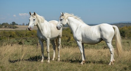 Obraz premium Two elegant white horses peacefully standing together in a vibrant rural landscape