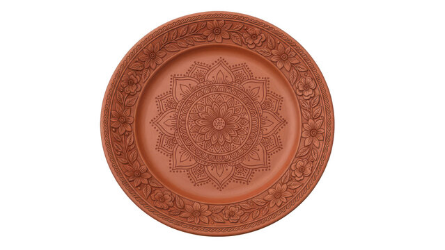 Decorative terracotta plate with mandala and floral bor, no background