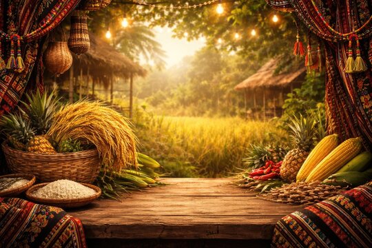 Harvest Festival Kaamatan with Vibrant Ethnic Patterns and Fresh Produce in Rustic Setting