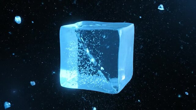 Abstract Ice Cube Formation and Dissolution in Dark Space with Blue Light and Particles.