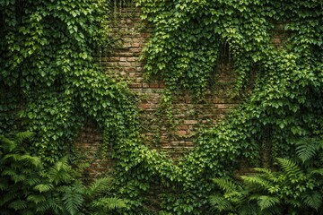 Obraz premium Vibrant green leafy wall featuring nature growing on textured brick background