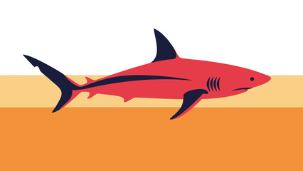 Obraz premium Red shark illustration swims across abstract background with horizontal stripes.