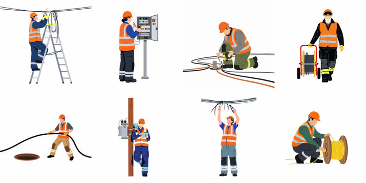 Flat Illustrations of Professional Electricians and Utility Workers Performing Various Maintenance and Installation Tasks on Power Lines and Electrical Infrastructure.