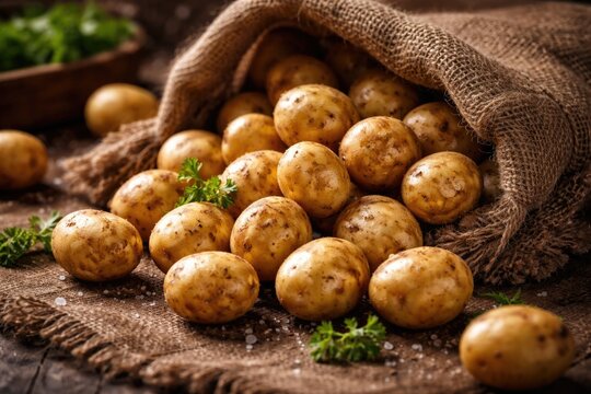 Fresh Cambray Potatoes Spilled from Burlap Sack on Rustic Table