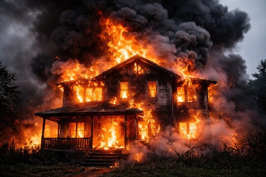 A house fully ablaze with thick smoke pouring from all openings depicting a severe fire risk