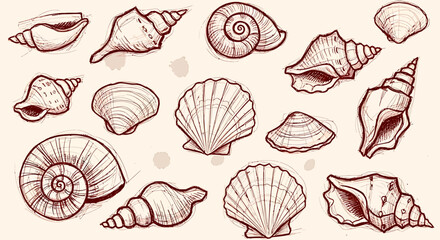 Beach summer vacation naive outline sketch vector illustration of seashells © Crushin