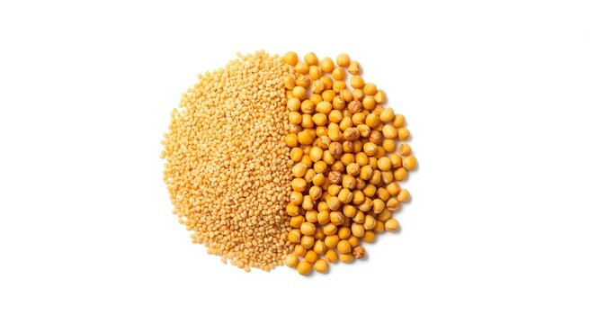 Fresh toor dal and split chickpeas separated and presented on white background