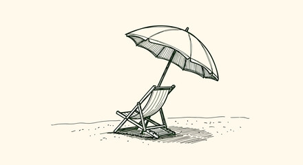 Obraz premium A naive outline sketch vector illustration of a beach summer vacation with a chair under an umbrella.