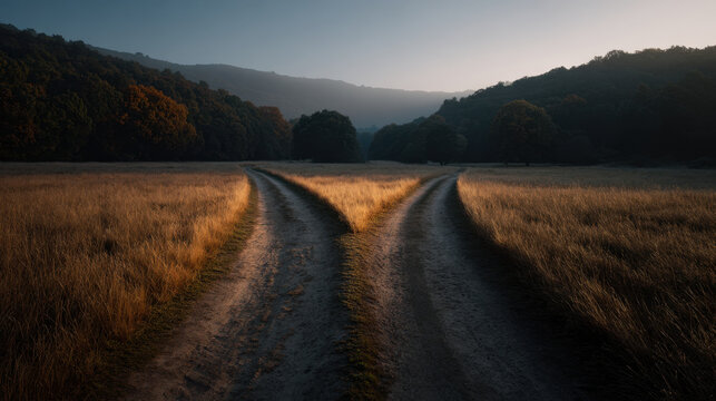Dusty country road fork field grass meadow landscape valley hill forest sunset rural path trail track intersection split curve dirt dry golden evening horizon nature scenic tranquil peaceful