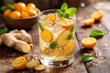 Fototapeta premium Refreshing kumquat and ginger infused drink in a clear glass on a rustic wooden surface with selective focus