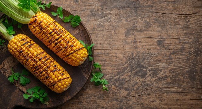 Top view of grilled corn cobs with fresh parsley on rustic table with copy space