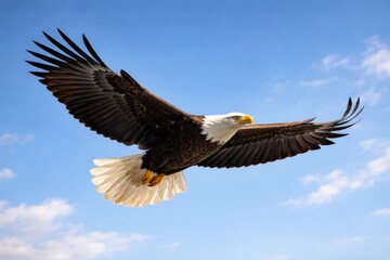 Obraz premium Bald Eagle Soaring Against Blue Sky with Fluffy Clouds