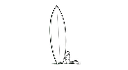 Beach summer vacation naive outline sketch vector illustration of a surfboard standing on sand © Crushin