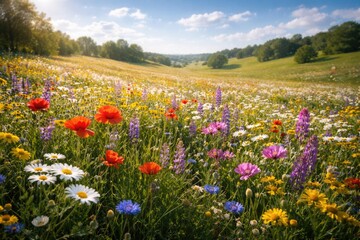 Obraz premium Bright summer meadow blooming with colorful flowers and lush grass in a wide open field