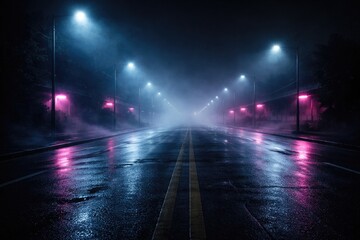 Fototapeta premium Shadowy empty roadway with neon lighting and foggy cement surface backdrop