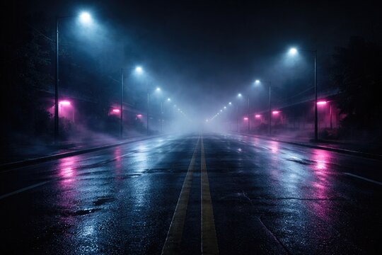 Shadowy empty roadway with neon lighting and foggy cement surface backdrop