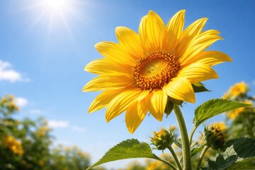 Obraz premium Vibrant yellow flower blooming under a clear bright blue sky with soft sunlight