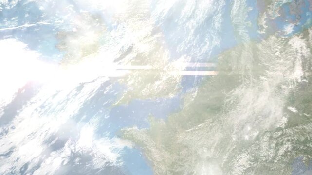 Earth zoom in from space and focus on Reading, England, South East England, Great Britain. Background for travel intro or blog. Satellite view. 3D style Animation. Images from NASA.