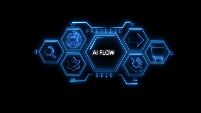 AI flow text in a glowing blue neon hexagonal interface with for search globe gear phone arrow and shopping cart on black background