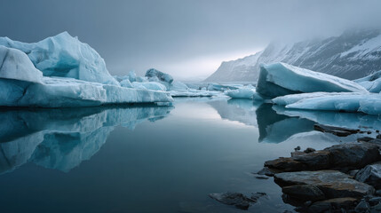 Naklejka premium Glacier landscape with calm water ice berg snow mountain cold sky polar coast reflection mist serene scene