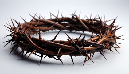 Fototapeta premium A close-up shot of a crown of thorns, a symbol of suffering and sacrifice, made from intertwined thorny branches on a white background.