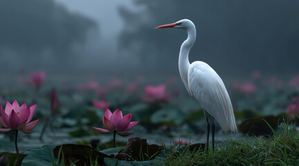 Naklejka premium White bird lotus pond pink flower wetland water bird standing bird white plumage red beak long neck misty lake