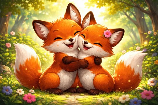 cute fox couple embracing in a playful cartoon scene