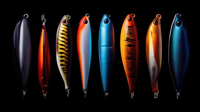 A collection of various fishing lures of different colors and designs arranged in a row