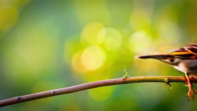Vibrant house sparrow perching on a branch against a green bokeh background