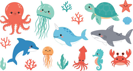 Cute Underwater Sea Life Vector Character Set Featuring Whale, Shark, Dolphin, Octopus, Turtle, Crab, Seahorse, and Jellyfish for Kids Nursery and Educational Design © MstRakha