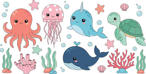 Cute Underwater Sea Life Vector Set Featuring Kawaii Octopus, Jellyfish, Narwhal, Whale, and Sea Turtle Characters with Coral Reef and Bubbles for Nursery Designs © MstRakha