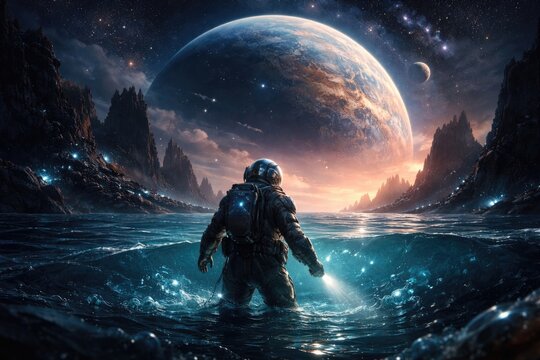 Astronaut exploring an unknown ocean under a distant planet in the sky