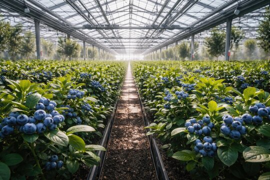 Blueberry Plants Thriving in Commercial Greenhouse Environment