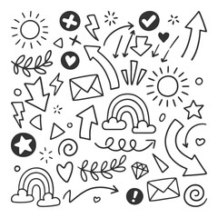 Fototapeta premium Doodle Element. Arrows, Sun, Rainbows, Hearts and More