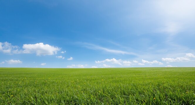 Sunny afternoon featuring vibrant green lawn and cloudless sky