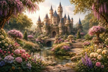 Obraz premium Majestic Castle Nestled in Blooming Floral Garden at Sunset