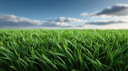 Fototapeta premium Artificial grass field under blue sky with cloud, natural outdoor background for landscape and copy space