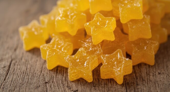 Yellow star shaped gummy candy in detailed macro focus with visible sugar texture on rustic wood background perfect for sweet treat themes