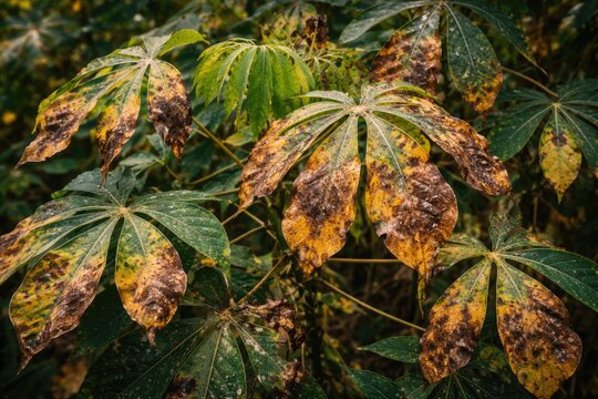 Cassava leaves with yellow and brown damage symptoms caused by biotic and abiotic stress factors