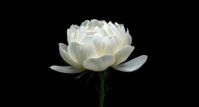White peony flower isolated in high contrast on a black backdrop for visuals