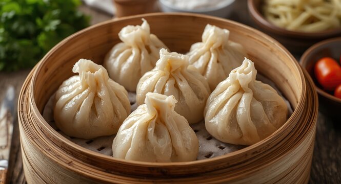 Steamed dumplings bursting with chicken and garden vegetables