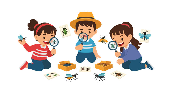 Three curious children investigate a collection of colorful insects using magnifying glasses, exploring the fascinating world of bugs together.