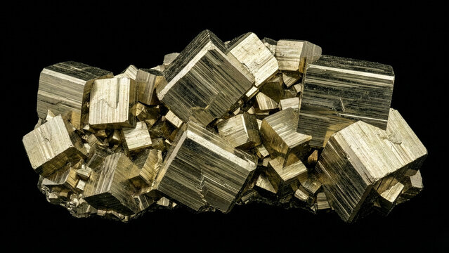 Macro closeup of a natural raw golden pyrite cubic crystal cluster