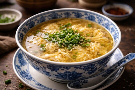 Delicious egg drop soup served in traditional porcelain bowl