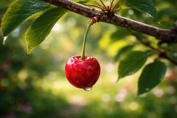 Obraz premium A young cherry fruit hanging on tree branch with soft garden background