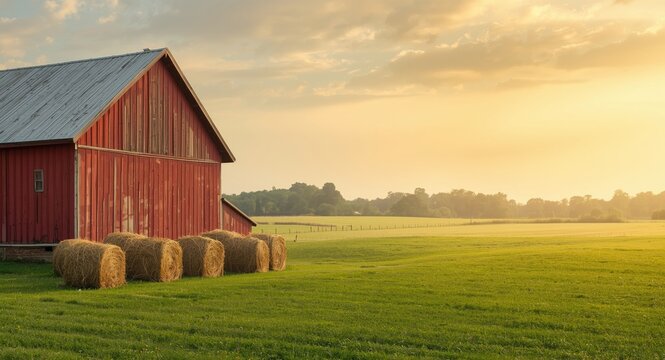 Whimsical rural scene with barn and compact square haystack piles