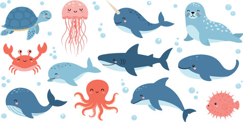 Cute Sea Life Vector Set Featuring Kawaii Whale, Seal, Dolphin, Shark, Turtle, and Pufferfish Characters for Kids Nursery Wall Art and Marine Discovery Designs © MstRakha