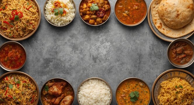 Top view of diverse Indian and Pakistani dishes including vegetable biryani, roti, and kali mirchi on grey background