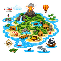 Naklejka premium tropical island adventure map, island map illustration, tropical treasure map, pirate island map, beach island map design, island exploration map, tropical vacation map, island route illustration, oce